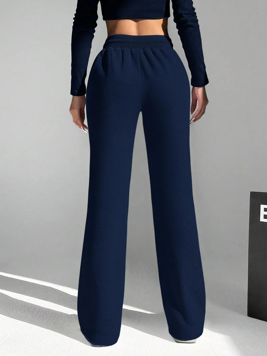 HeSaYep Women's Wide Leg Sweatpants Drawstring Ribbed Waist Baggy Sweat Pants Raw Hem Flared Lounge Pants