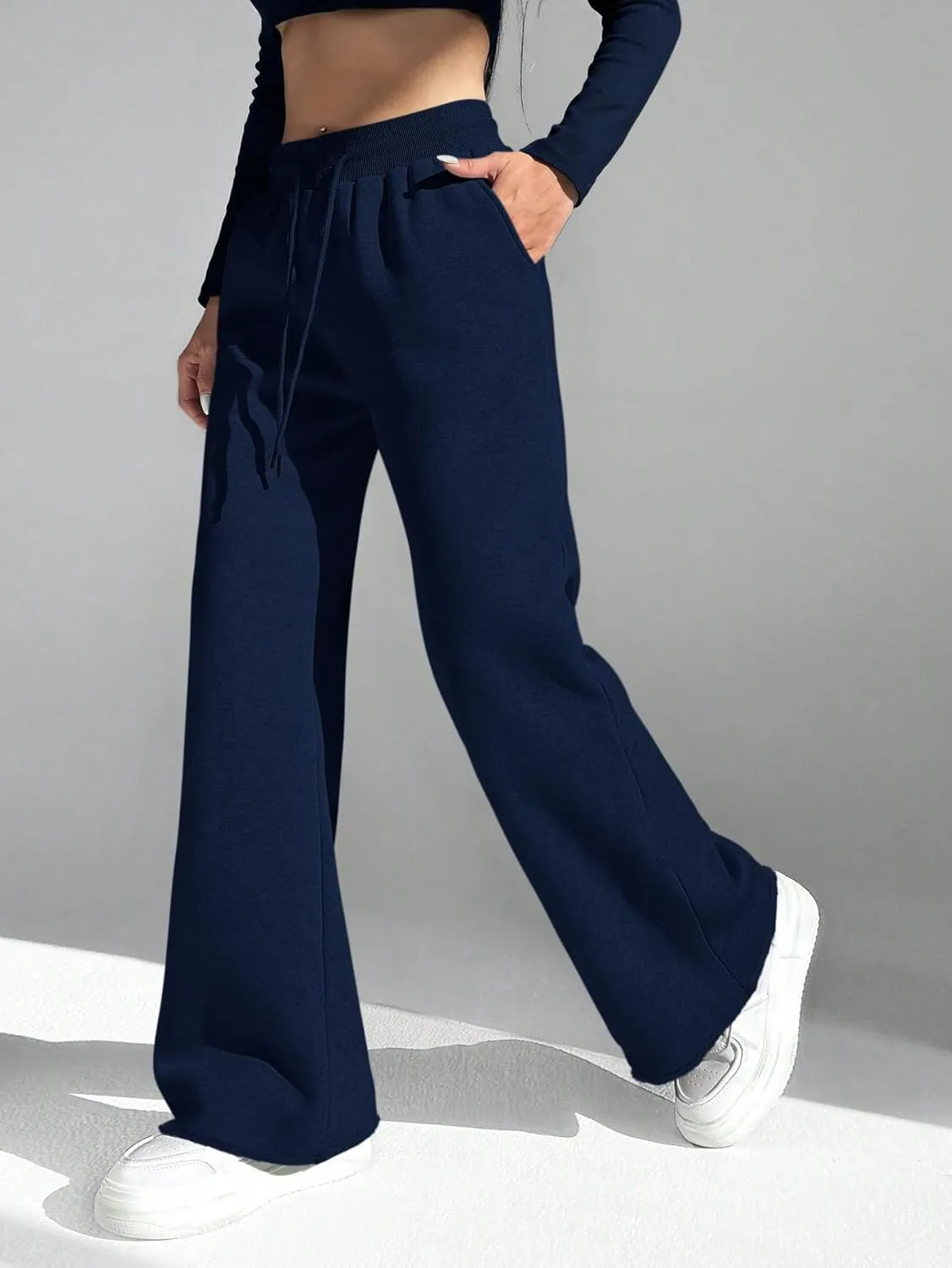 HeSaYep Women's Wide Leg Sweatpants Drawstring Ribbed Waist Baggy Sweat Pants Raw Hem Flared Lounge Pants