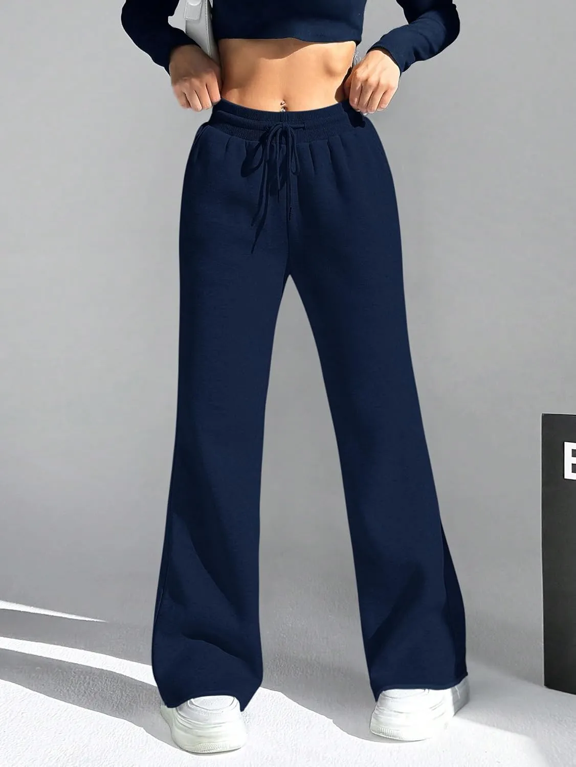 HeSaYep Women's Wide Leg Sweatpants Drawstring Ribbed Waist Baggy Sweat Pants Raw Hem Flared Lounge Pants