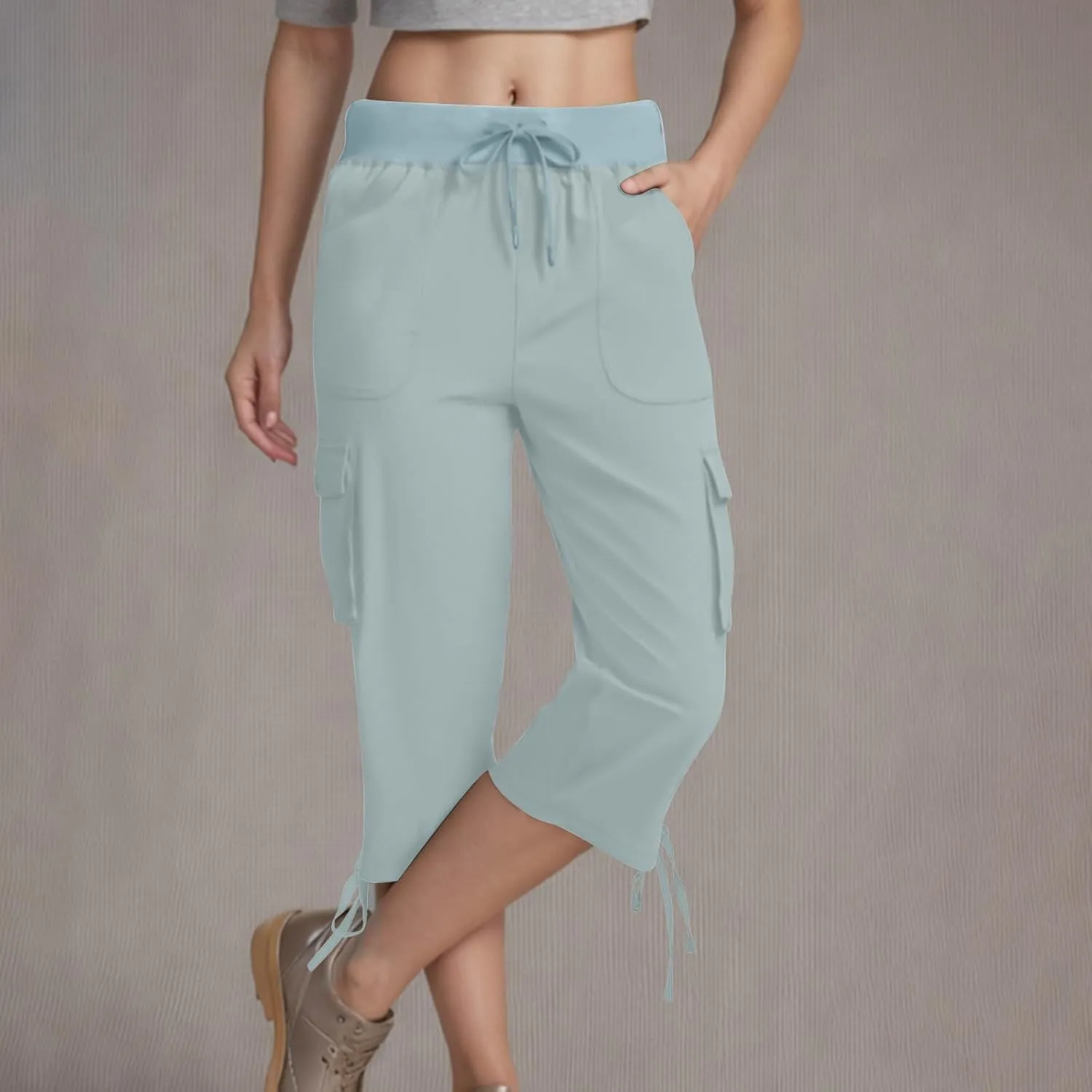 Hiking Capri Cargo Pants Women Lightweight Quick Dry Summer Cropped Trousers Drawstring High Waisted Streetwear Pant