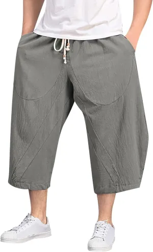 Hippie Linen Harem Capri Pants for Men 3/4 Casual Baggy Beach Yoga Pants Elastic Waist Loose Wide Leg Cropped Pants