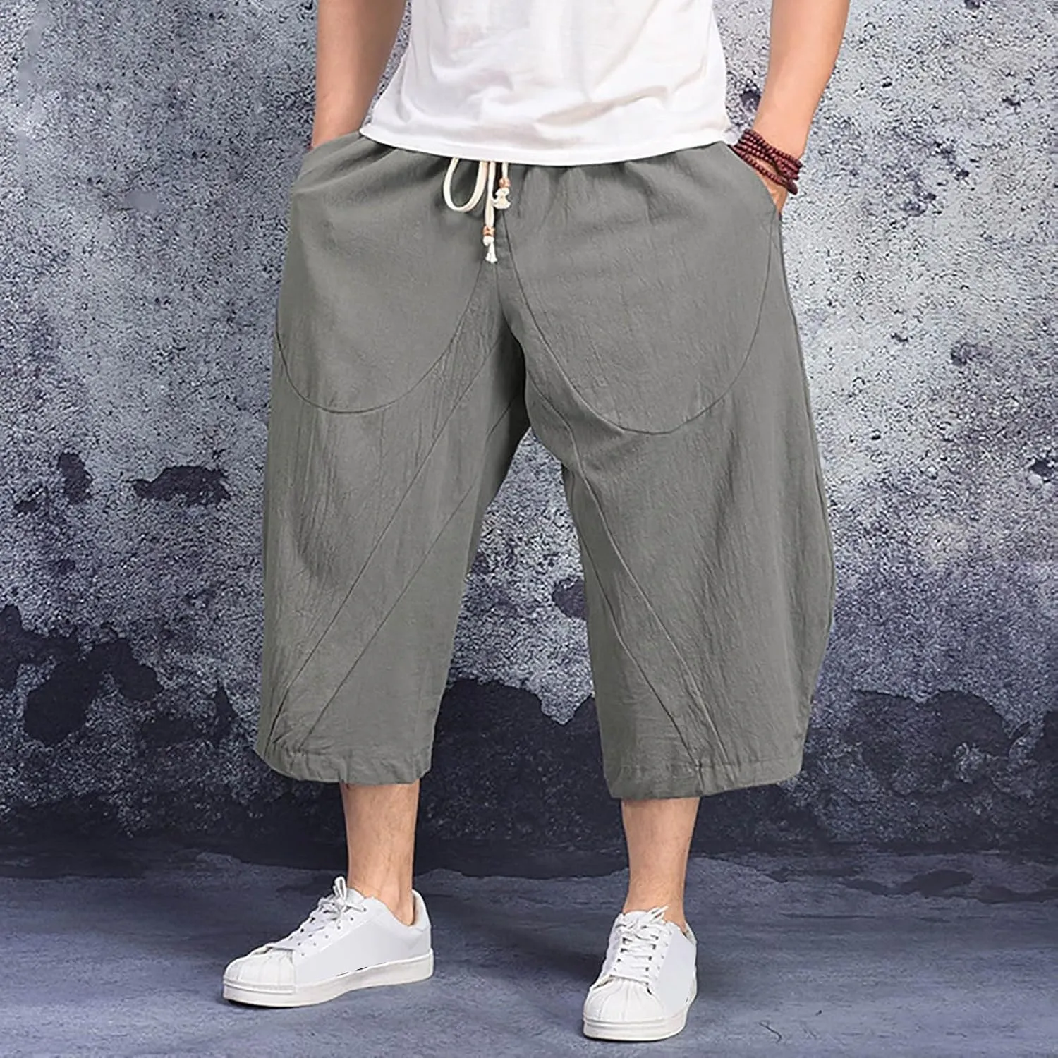 Hippie Linen Harem Capri Pants for Men 3/4 Casual Baggy Beach Yoga Pants Elastic Waist Loose Wide Leg Cropped Pants