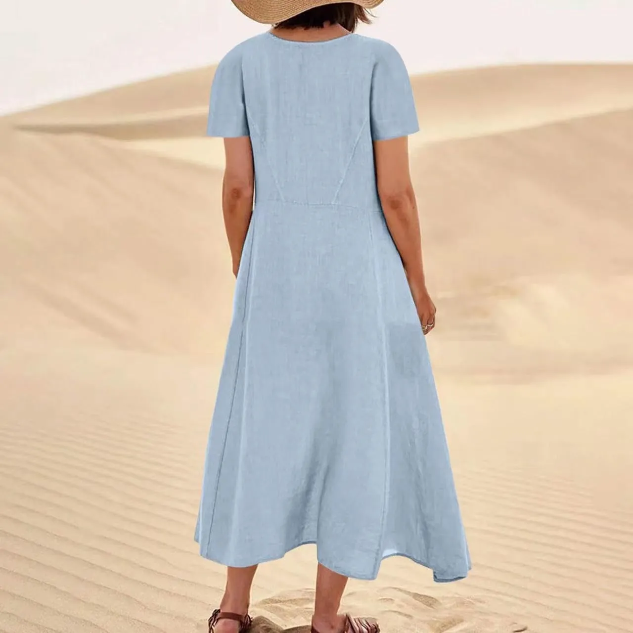 hlysgo Summer Dresses for Women 2025 Casual Cotton Linen Short Sleeve Midi Dress Flowy Beach Vacation Dress with Pockets