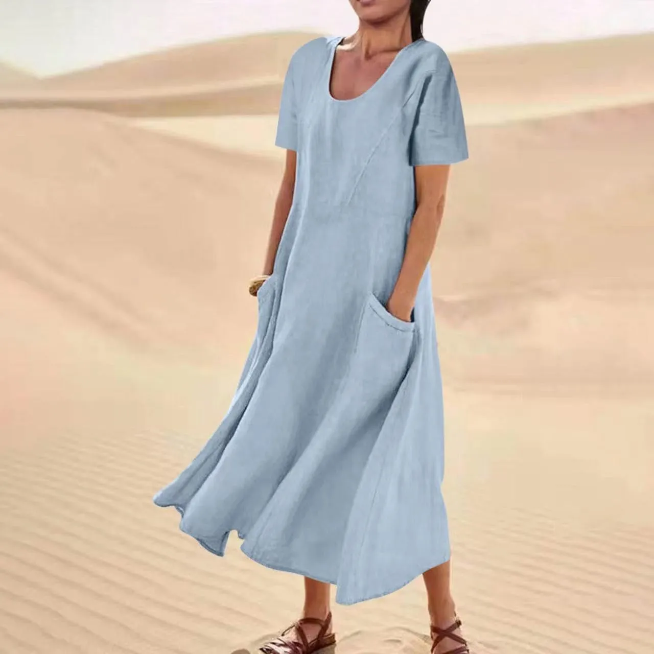 hlysgo Summer Dresses for Women 2025 Casual Cotton Linen Short Sleeve Midi Dress Flowy Beach Vacation Dress with Pockets