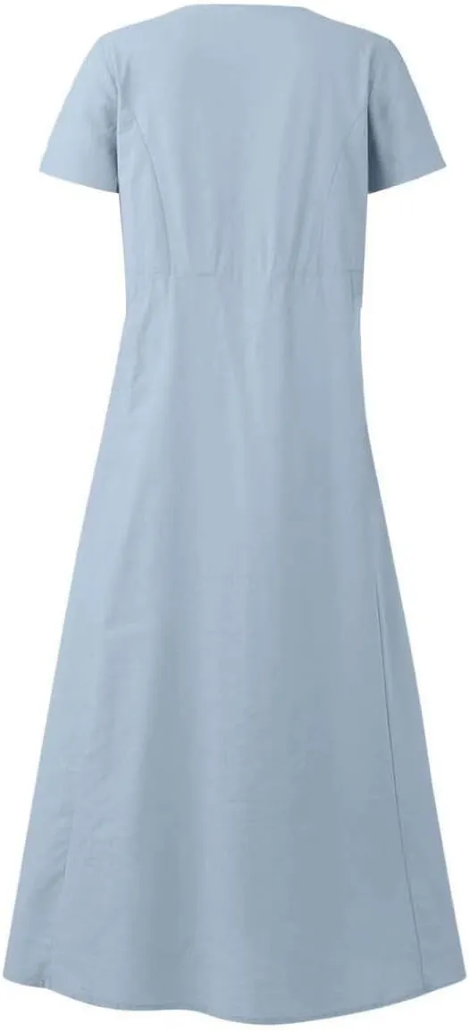 hlysgo Summer Dresses for Women 2025 Casual Cotton Linen Short Sleeve Midi Dress Flowy Beach Vacation Dress with Pockets