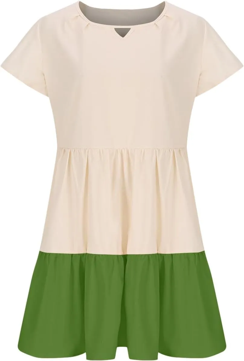 hlysgo Womens Summer Dresses 2024 Casual Frill Sleeve Keyhole Neck Mini Dress Color Block A-Line Flowy Pleated Beach Dress