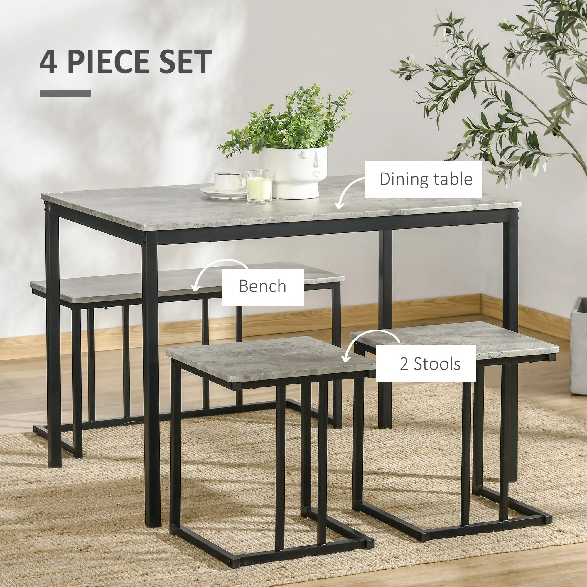 HOMCOM Dining Table Set, Concrete Effect  Table and Chairs for 4 People, Grey