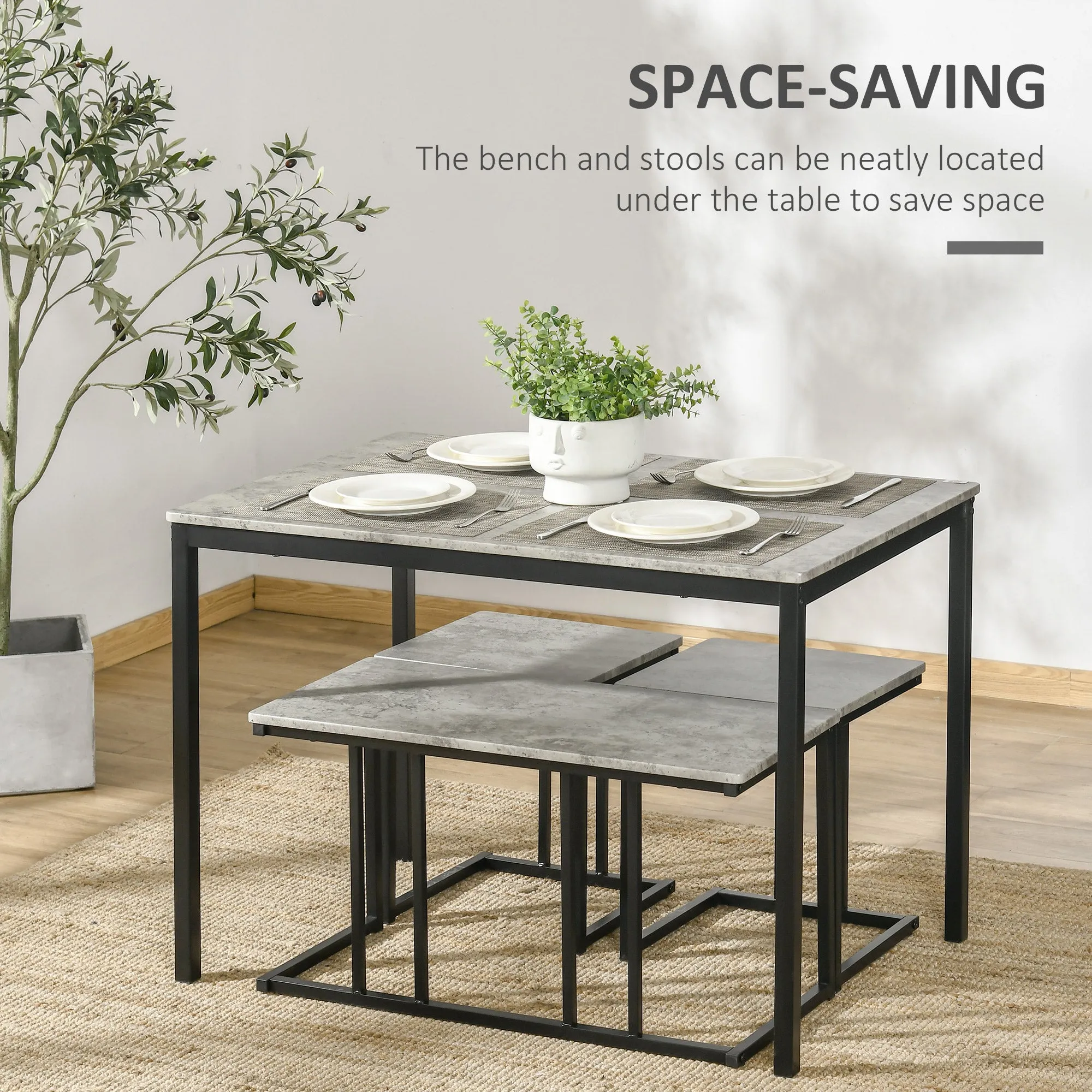 HOMCOM Dining Table Set, Concrete Effect  Table and Chairs for 4 People, Grey