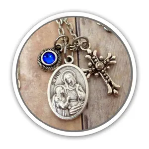 Horse Lover, Saint Ann Patron Saint of Equestrians, Holy Medal Necklace, Pretty Cross and Birthstone Crystal. Protect Us. Also Available in a Saddle/Backpack Clip, Key Chain or Purse Clip.