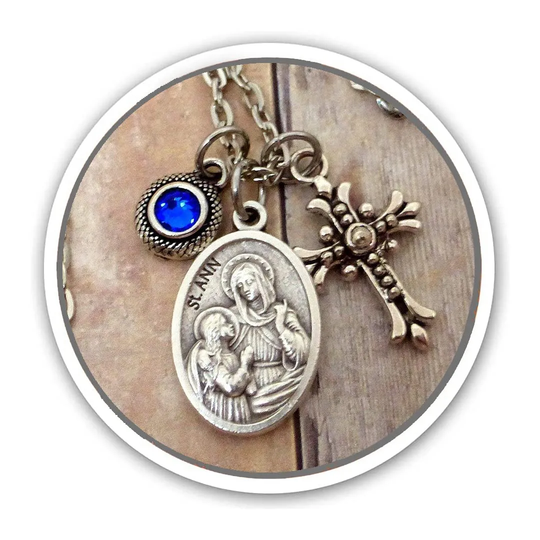 Horse Lover, Saint Ann Patron Saint of Equestrians, Holy Medal Necklace, Pretty Cross and Birthstone Crystal. Protect Us. Also Available in a Saddle/Backpack Clip, Key Chain or Purse Clip.