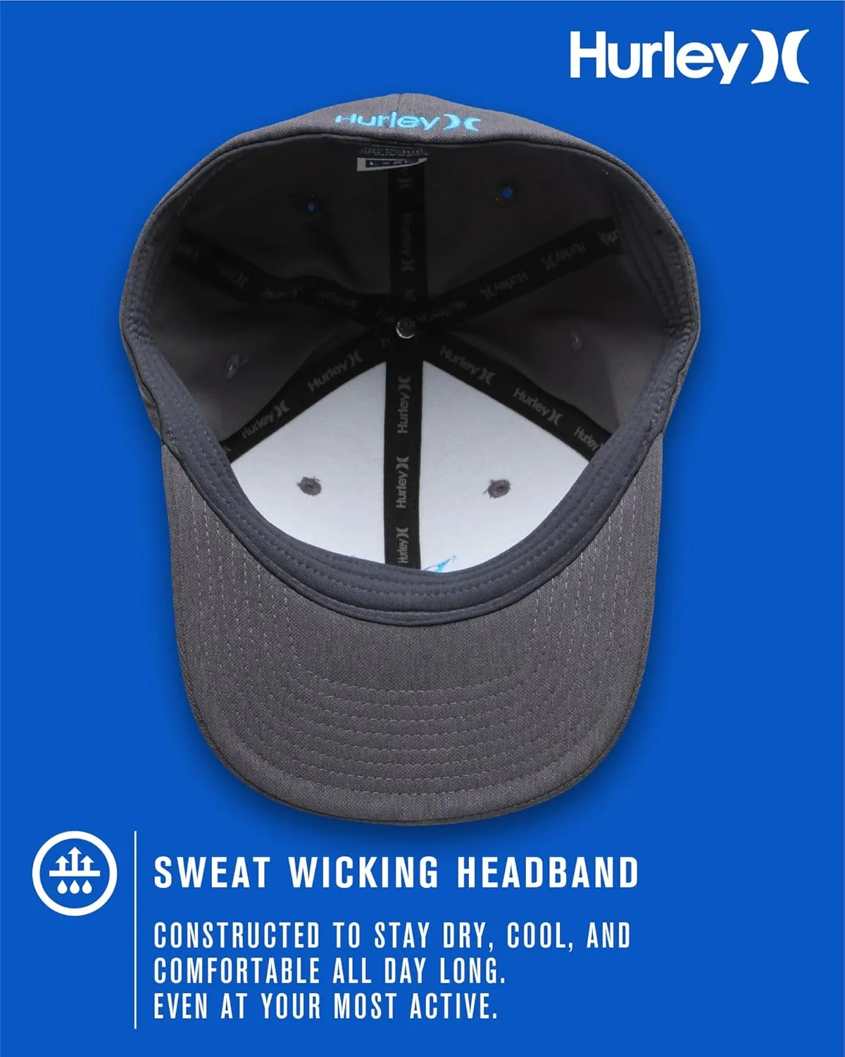 Hurley Mens Baseball Cap - Moisture Wicking Curved Brim Flexfit Fitted Hats for Men with H2O-Dri Sweatband (Sizes: S-XL)