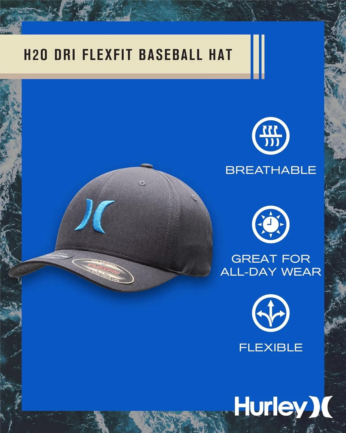 Hurley Mens Baseball Cap - Moisture Wicking Curved Brim Flexfit Fitted Hats for Men with H2O-Dri Sweatband (Sizes: S-XL)