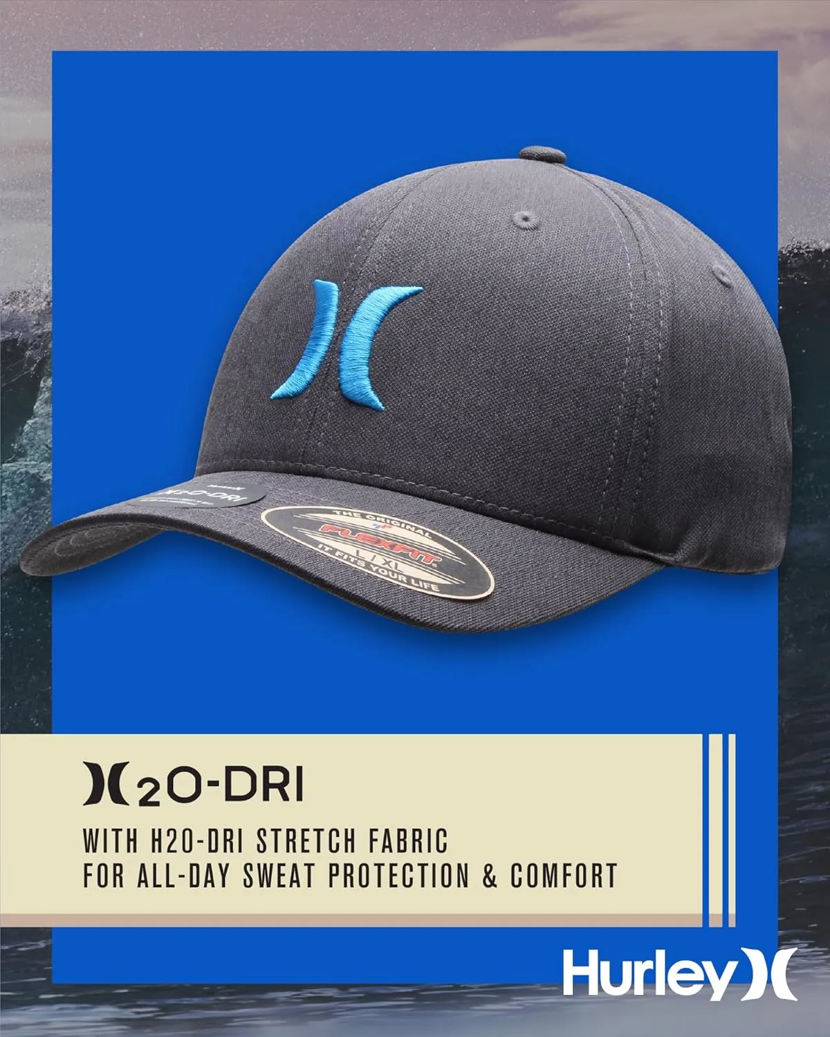 Hurley Mens Baseball Cap - Moisture Wicking Curved Brim Flexfit Fitted Hats for Men with H2O-Dri Sweatband (Sizes: S-XL)