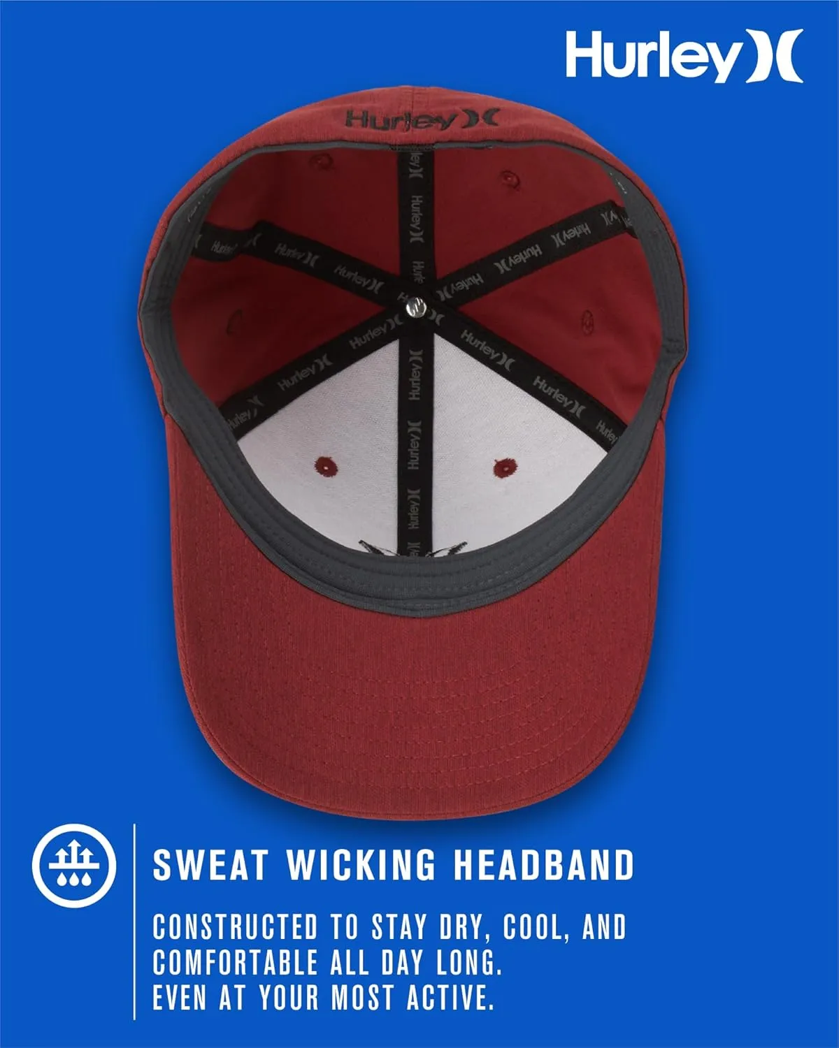 Hurley Mens Baseball Cap - Moisture Wicking Curved Brim Flexfit Fitted Hats for Men with H2O-Dri Sweatband (Sizes: S-XL)