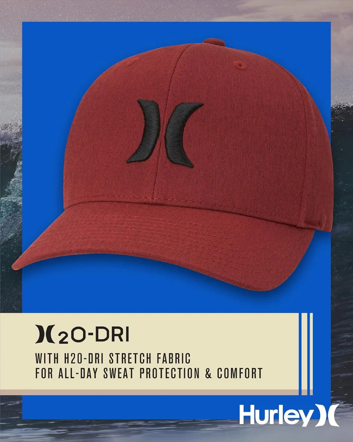 Hurley Mens Baseball Cap - Moisture Wicking Curved Brim Flexfit Fitted Hats for Men with H2O-Dri Sweatband (Sizes: S-XL)