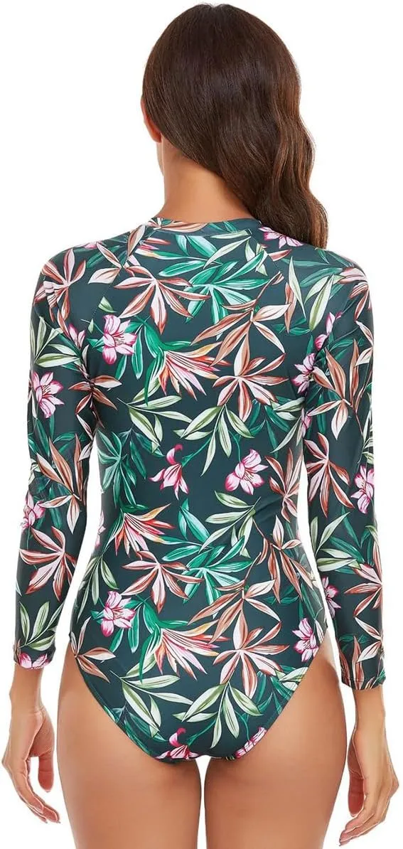 IBTOM CASTLE Women Long Sleeve Rash Guard Swimsuit UV Protection Zipper Front Printed Surfing Athletic Swim Wear Bathing Suit