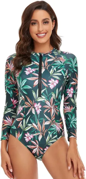 IBTOM CASTLE Women Long Sleeve Rash Guard Swimsuit UV Protection Zipper Front Printed Surfing Athletic Swim Wear Bathing Suit