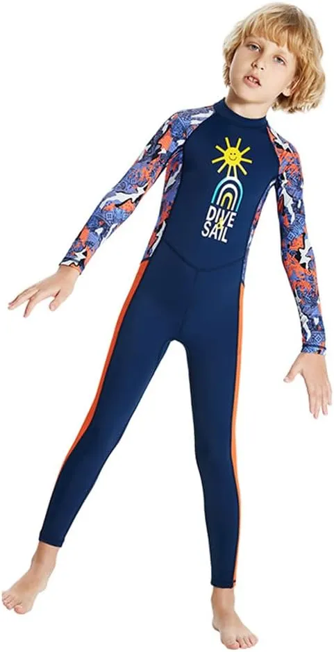 IDOPIP Kids Boys Girls Color Block One Piece Swimsuit Swimwear Long Sleeve Rash Guard Sunsuit Wetsuit Beachwear Bathing Suit