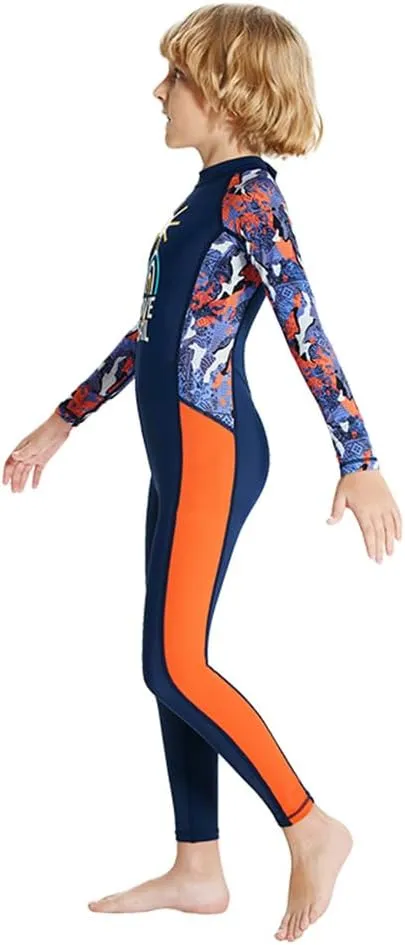 IDOPIP Kids Boys Girls Color Block One Piece Swimsuit Swimwear Long Sleeve Rash Guard Sunsuit Wetsuit Beachwear Bathing Suit