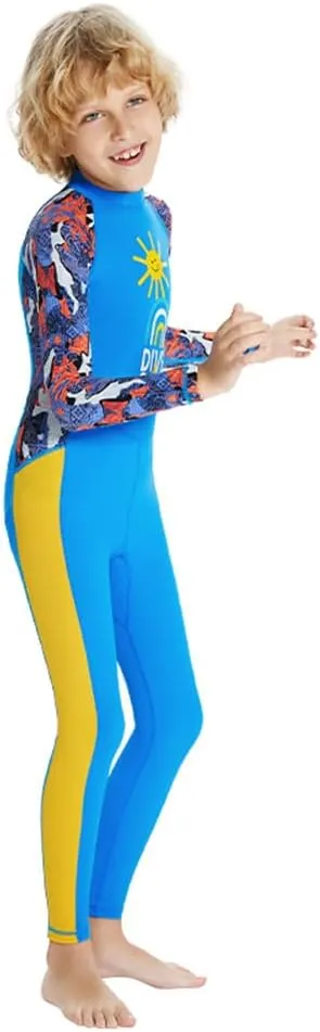 IDOPIP Kids Boys Girls Color Block One Piece Swimsuit Swimwear Long Sleeve Rash Guard Sunsuit Wetsuit Beachwear Bathing Suit
