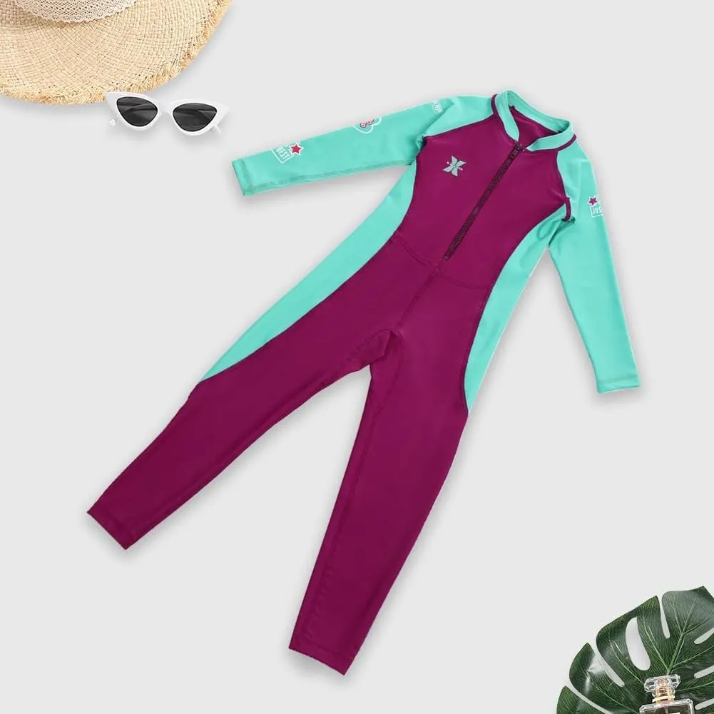 IDOPIP Kids Boys Girls Color Block One Piece Swimsuit Swimwear Long Sleeve Rash Guard Sunsuit Wetsuit Beachwear Bathing Suit
