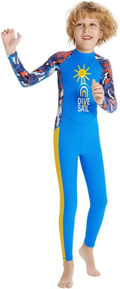 IDOPIP Kids Boys Girls Color Block One Piece Swimsuit Swimwear Long Sleeve Rash Guard Sunsuit Wetsuit Beachwear Bathing Suit