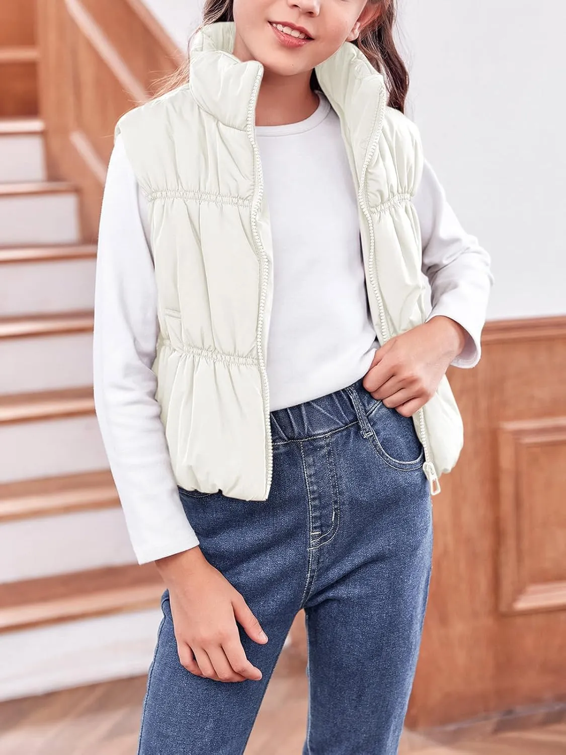 Imily Bela Girls Puffer Vest Stand Collar Sleeveless Warm Jacket Cute Outerwear With Pockets 7-14 Years