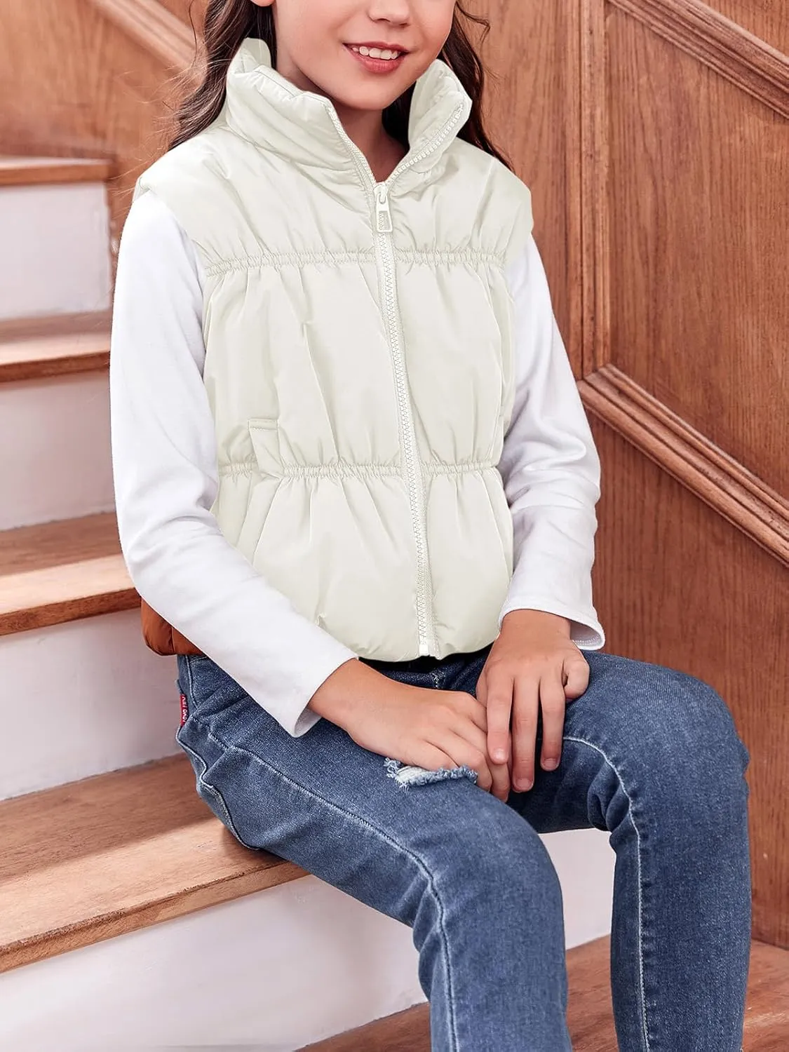 Imily Bela Girls Puffer Vest Stand Collar Sleeveless Warm Jacket Cute Outerwear With Pockets 7-14 Years