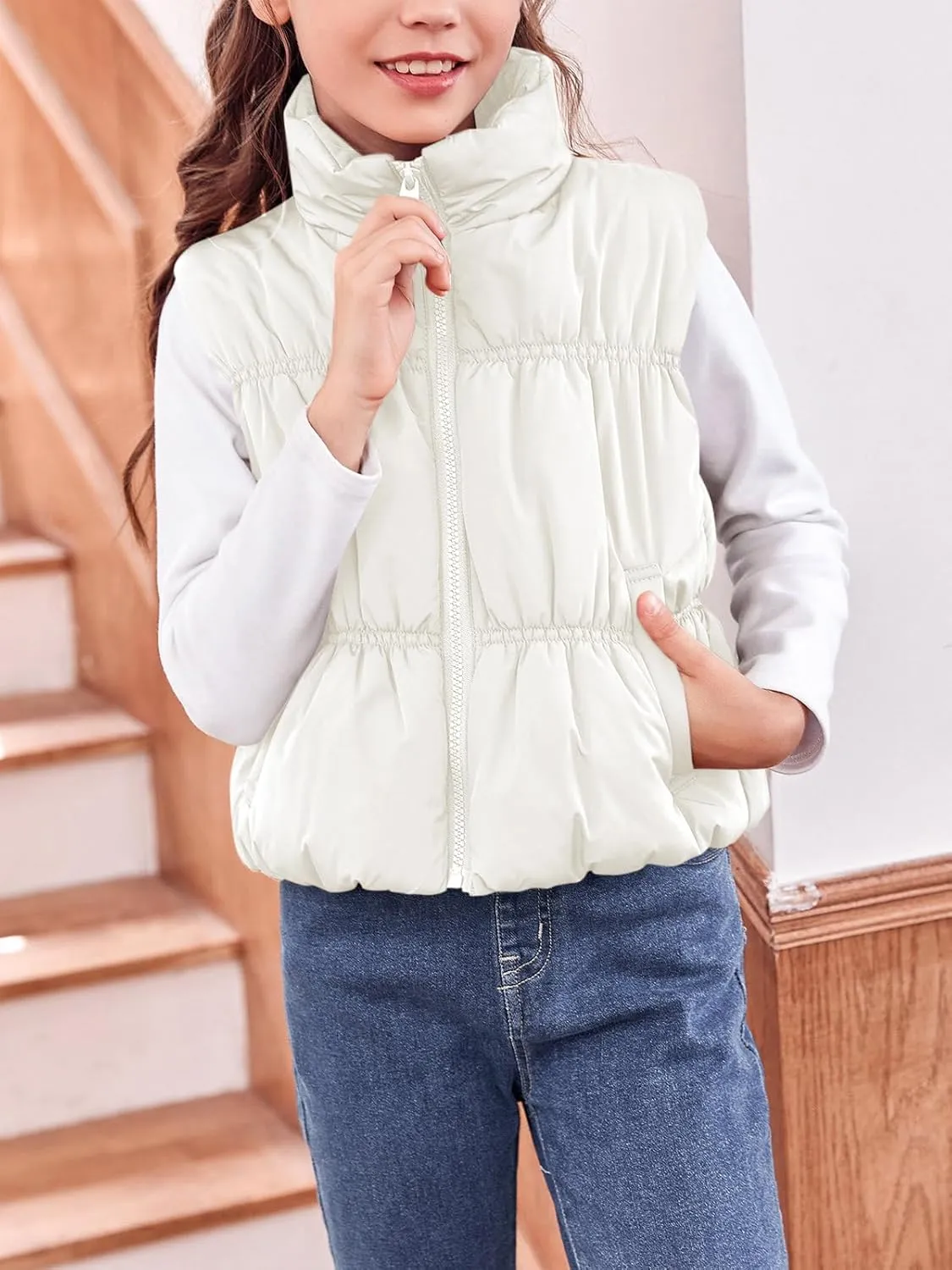 Imily Bela Girls Puffer Vest Stand Collar Sleeveless Warm Jacket Cute Outerwear With Pockets 7-14 Years