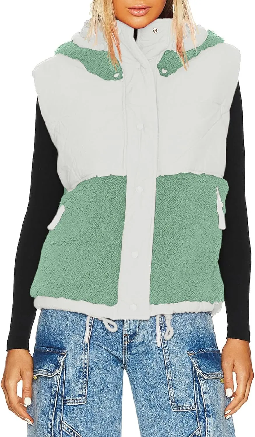 Imily Bela Womens Winter Sherpa Fleece Vest Stand Collar Button Down Sleeveless Jacket Casual Hooded Coat Outerwear