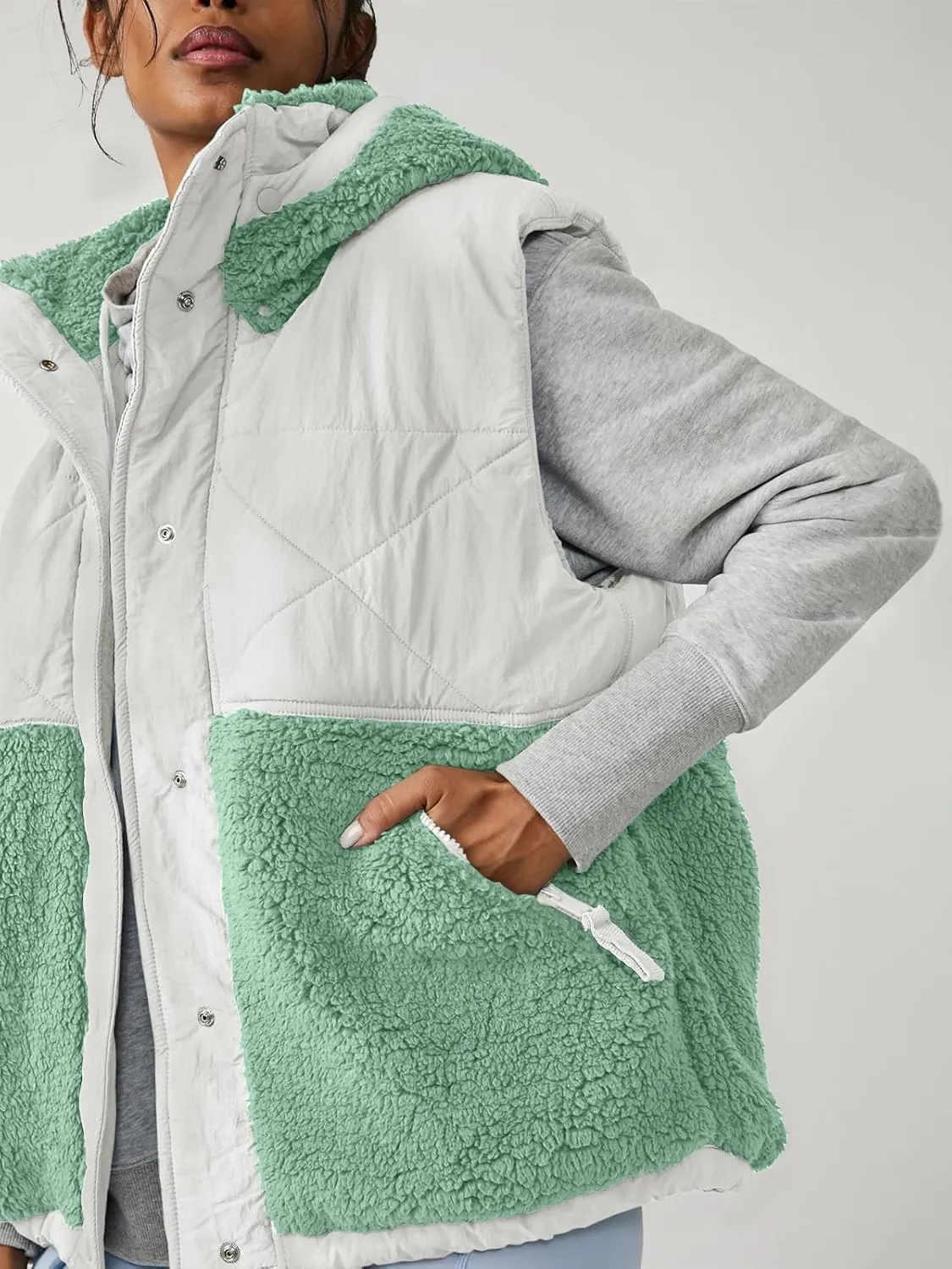 Imily Bela Womens Winter Sherpa Fleece Vest Stand Collar Button Down Sleeveless Jacket Casual Hooded Coat Outerwear