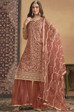Imperial Peach Color Net Fabric Palazzo Suit In Festival Wear