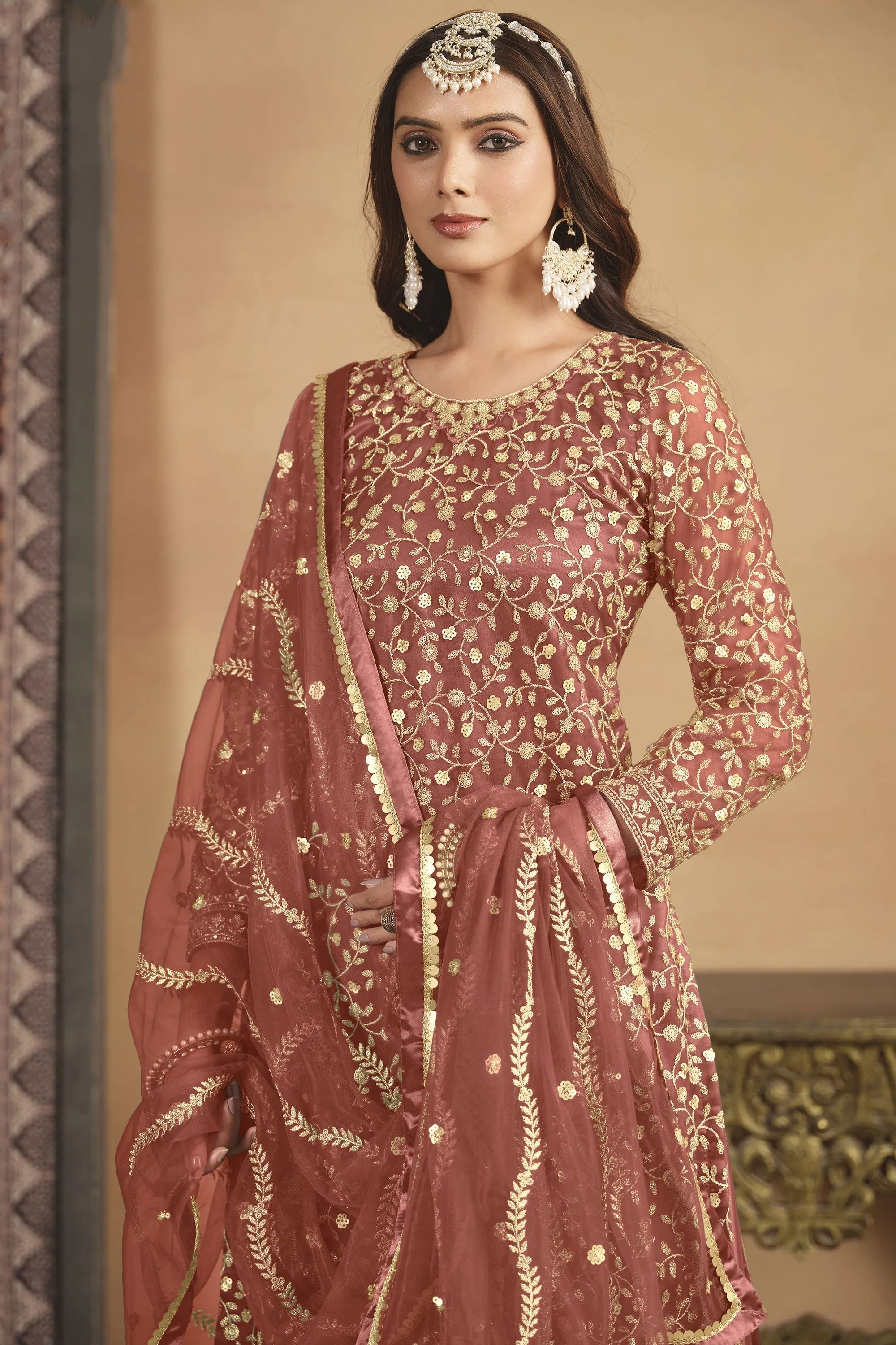 Imperial Peach Color Net Fabric Palazzo Suit In Festival Wear