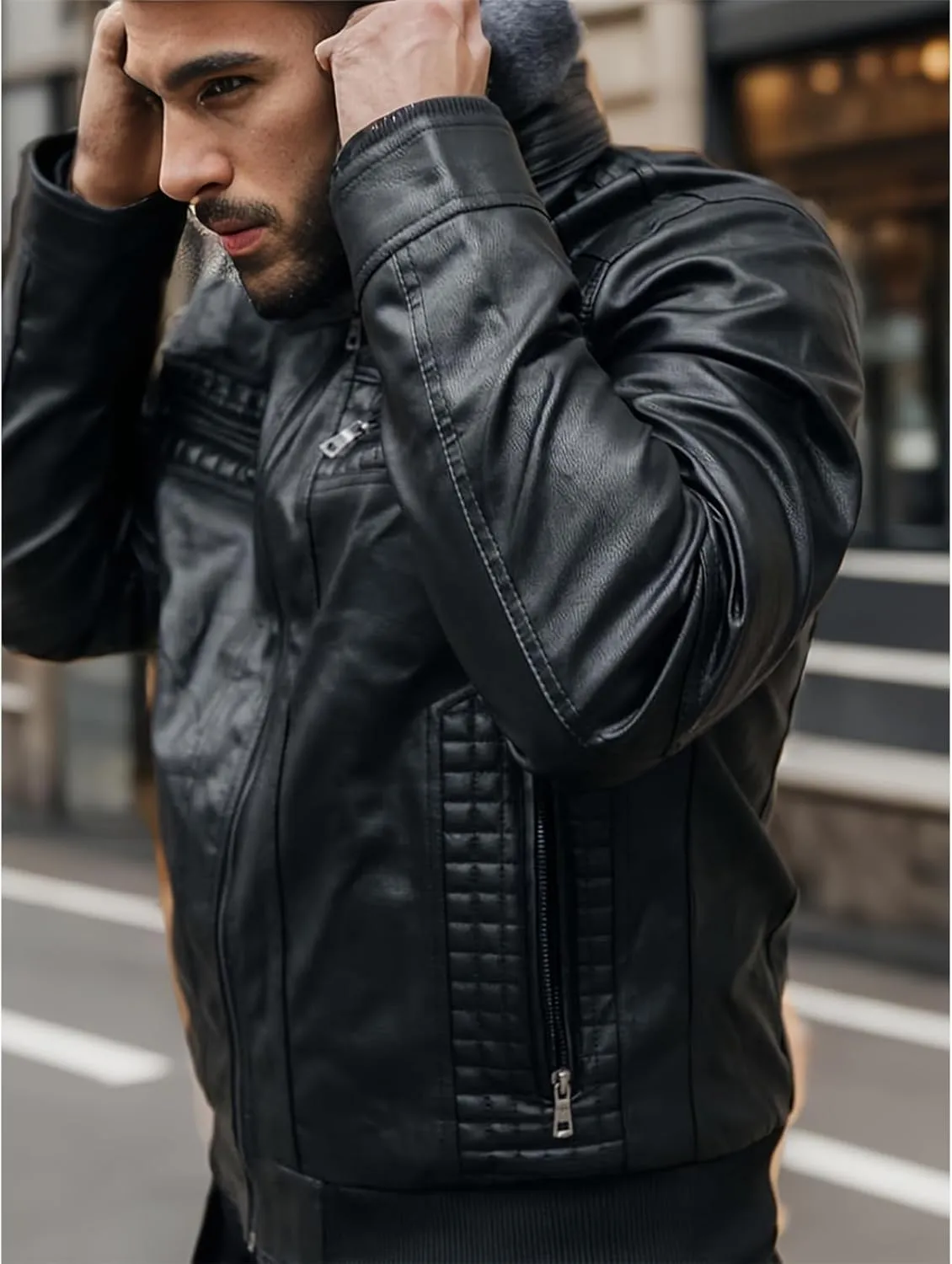 INVACHI Mens Leather Jacket Vintage Motorcycle Biker Jackets Faux Leather Outwear with Removable Hood