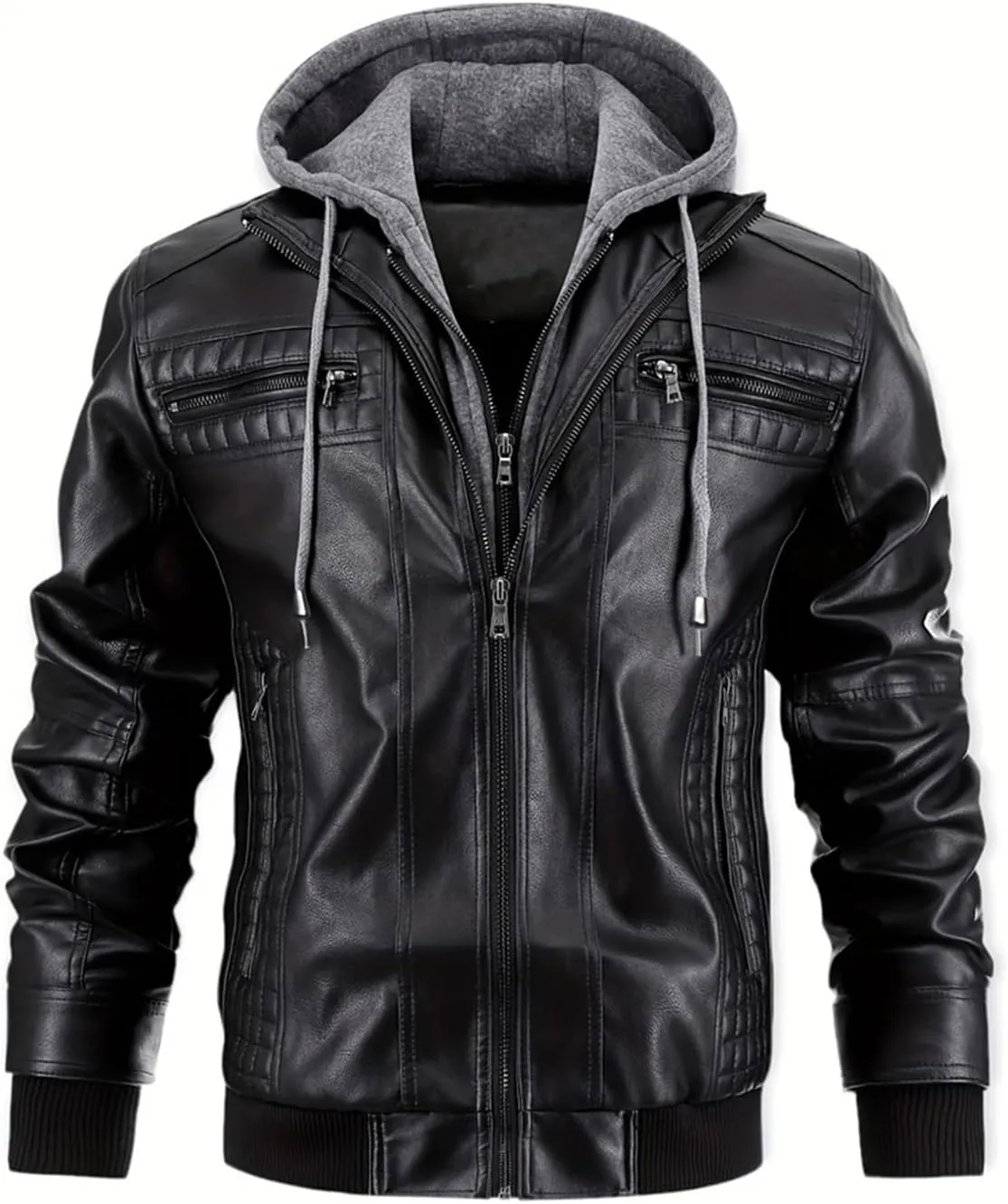 INVACHI Mens Leather Jacket Vintage Motorcycle Biker Jackets Faux Leather Outwear with Removable Hood