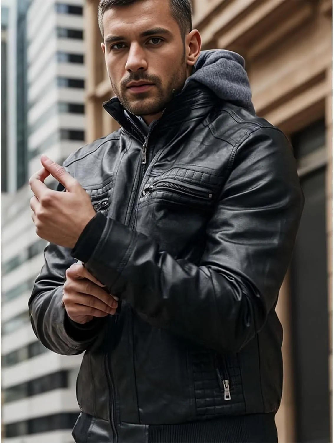 INVACHI Mens Leather Jacket Vintage Motorcycle Biker Jackets Faux Leather Outwear with Removable Hood