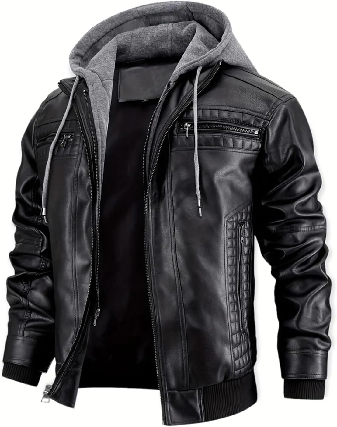 INVACHI Mens Leather Jacket Vintage Motorcycle Biker Jackets Faux Leather Outwear with Removable Hood