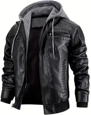 INVACHI Mens Leather Jacket Vintage Motorcycle Biker Jackets Faux Leather Outwear with Removable Hood