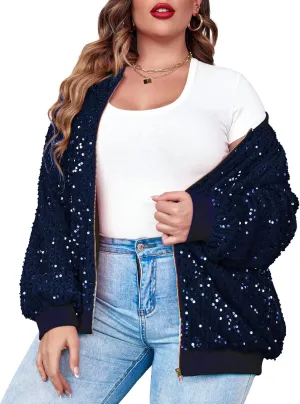 IN'VOLAND Womens Sequin Jacket Plus Size Sparkle Long Sleeve Jackets Front Zip Loose Casual Blazer Bomber Jacket with Pockets