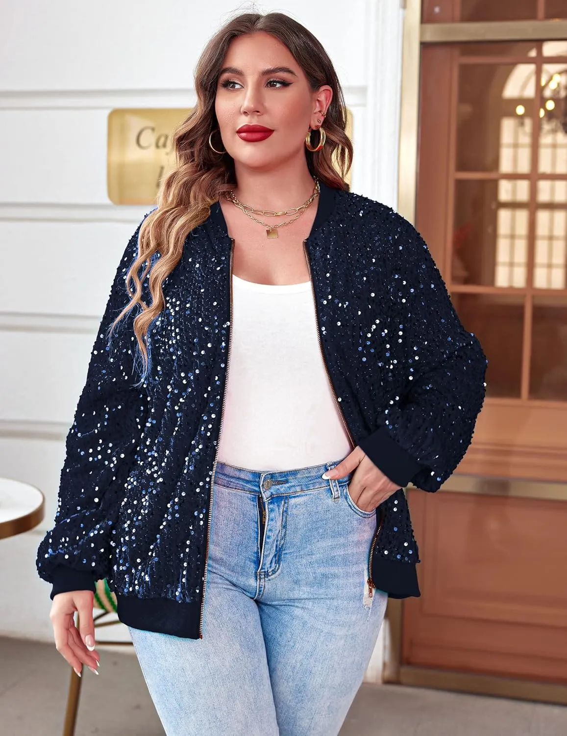 IN'VOLAND Womens Sequin Jacket Plus Size Sparkle Long Sleeve Jackets Front Zip Loose Casual Blazer Bomber Jacket with Pockets