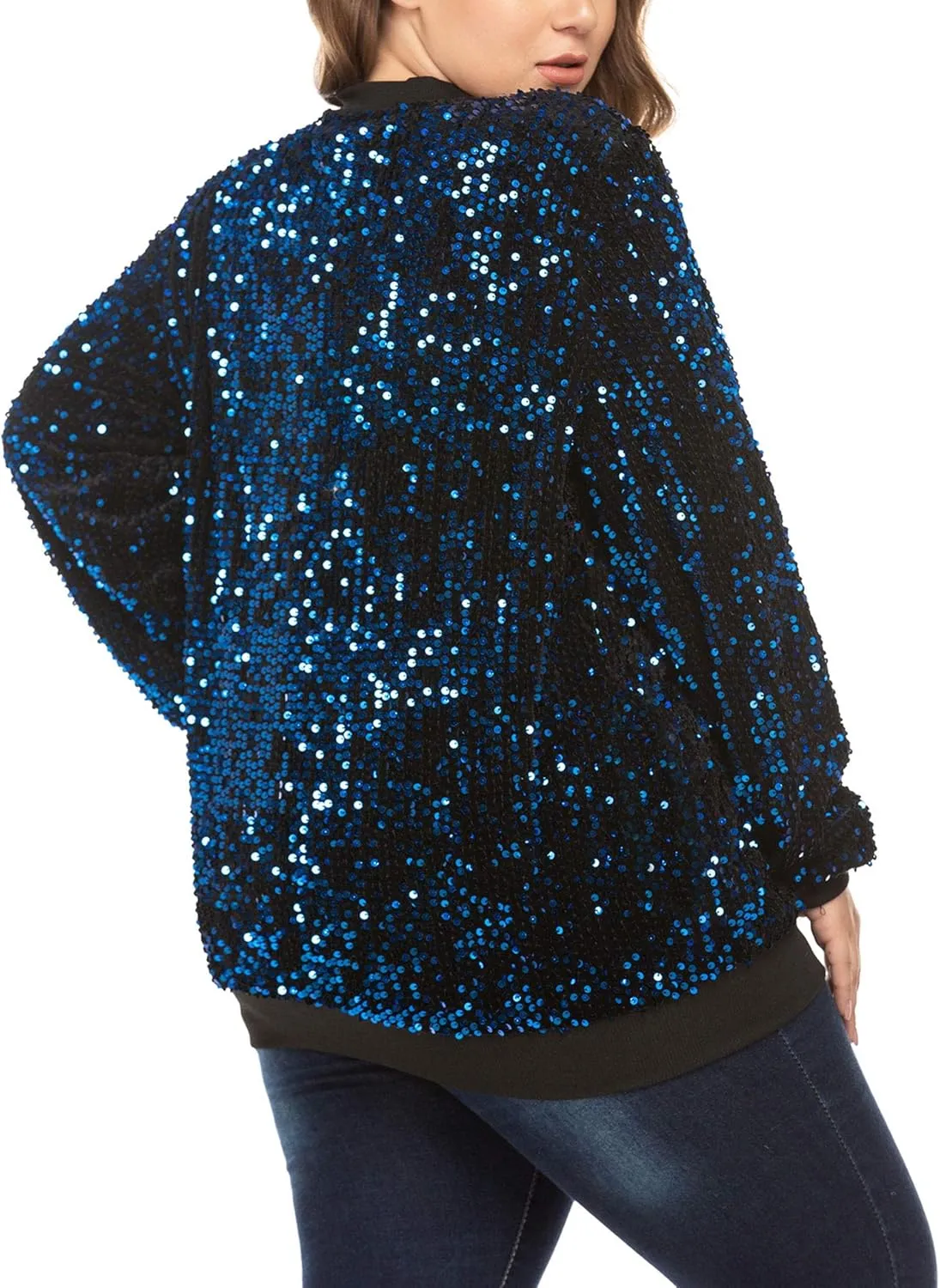 IN'VOLAND Womens Sequin Jacket Plus Size Sparkle Long Sleeve Jackets Front Zip Loose Casual Blazer Bomber Jacket with Pockets