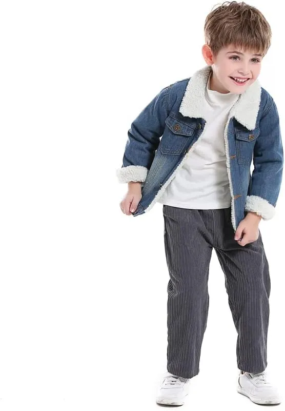 Irsutey Toddler Baby Little Boys Denim Jacket Fleece Lined Cute Sherpa Collar Button Down Jean Coats Children Basic Outerwear