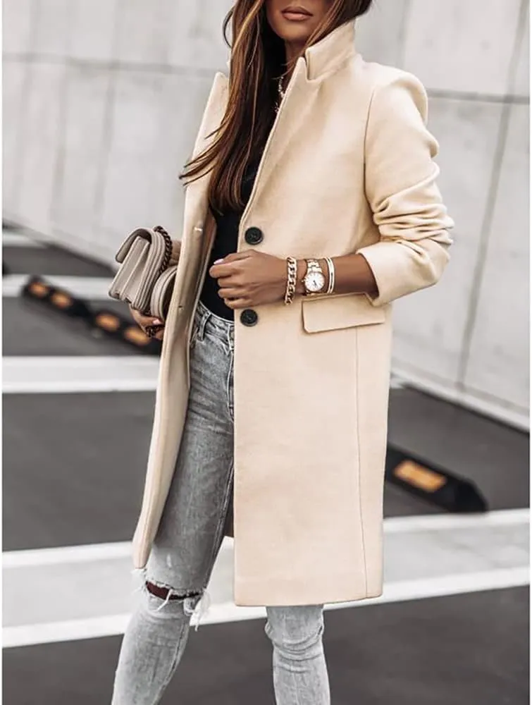 Janepam Women Duffle Coat Windbreaker Solid Color Thigh-Long Jacket Mock Pocket Loose Button Notch Lapel Trench Outerwear