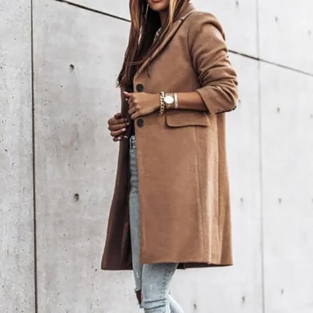 Janepam Women Duffle Coat Windbreaker Solid Color Thigh-Long Jacket Mock Pocket Loose Button Notch Lapel Trench Outerwear