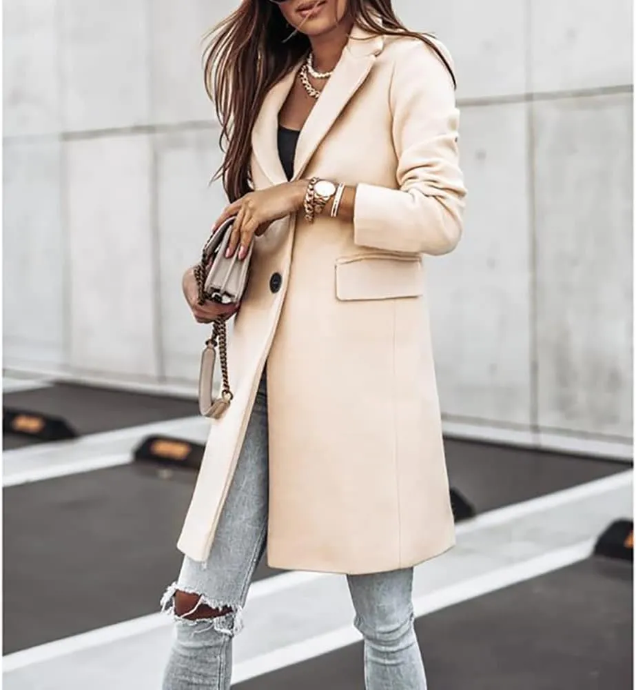 Janepam Women Duffle Coat Windbreaker Solid Color Thigh-Long Jacket Mock Pocket Loose Button Notch Lapel Trench Outerwear