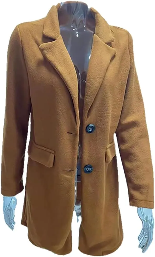 Janepam Women Duffle Coat Windbreaker Solid Color Thigh-Long Jacket Mock Pocket Loose Button Notch Lapel Trench Outerwear