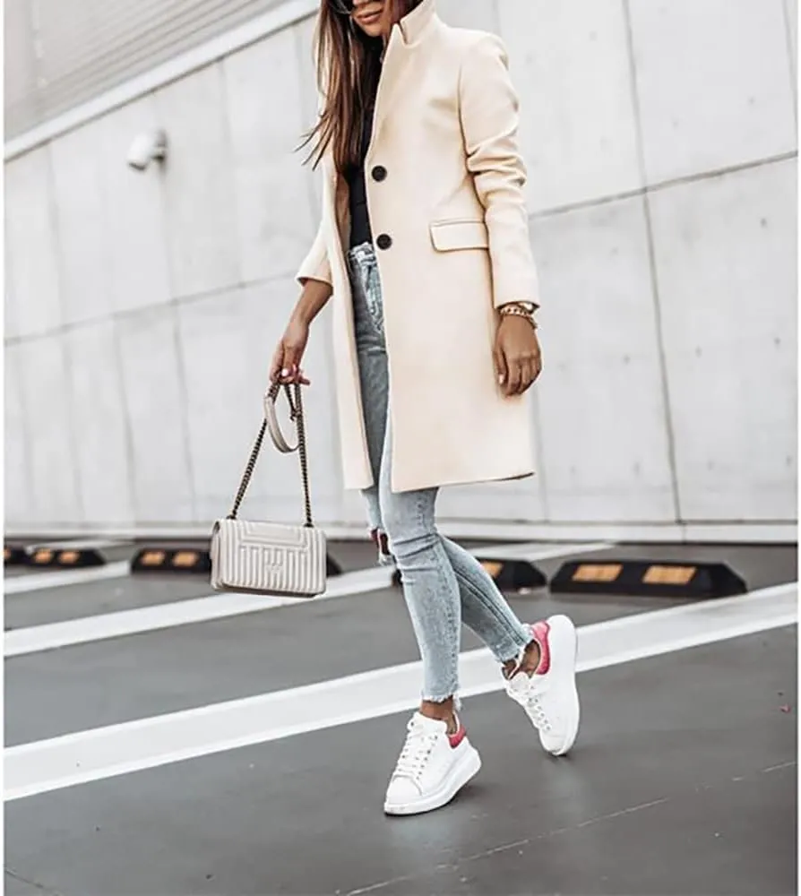 Janepam Women Duffle Coat Windbreaker Solid Color Thigh-Long Jacket Mock Pocket Loose Button Notch Lapel Trench Outerwear