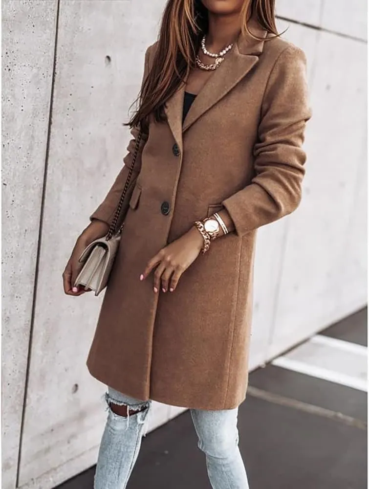 Janepam Women Duffle Coat Windbreaker Solid Color Thigh-Long Jacket Mock Pocket Loose Button Notch Lapel Trench Outerwear