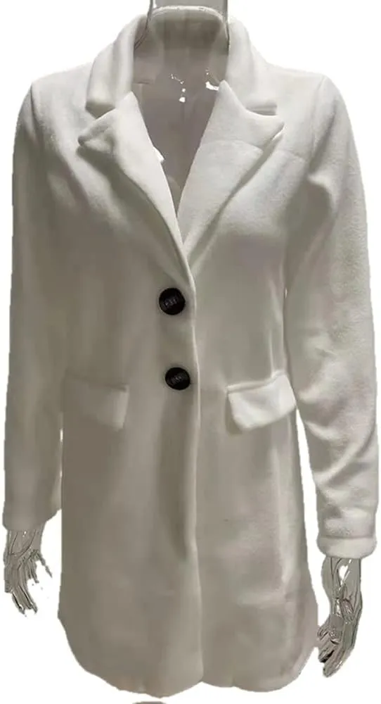 Janepam Women Duffle Coat Windbreaker Solid Color Thigh-Long Jacket Mock Pocket Loose Button Notch Lapel Trench Outerwear