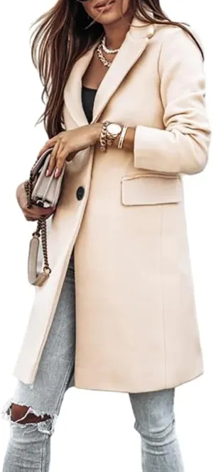 Janepam Women Duffle Coat Windbreaker Solid Color Thigh-Long Jacket Mock Pocket Loose Button Notch Lapel Trench Outerwear
